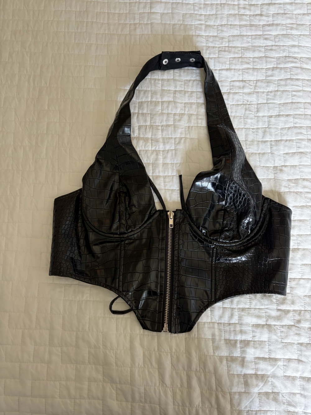 Edikted Black Croc-Embossed Halter Corset Top with Pink Label